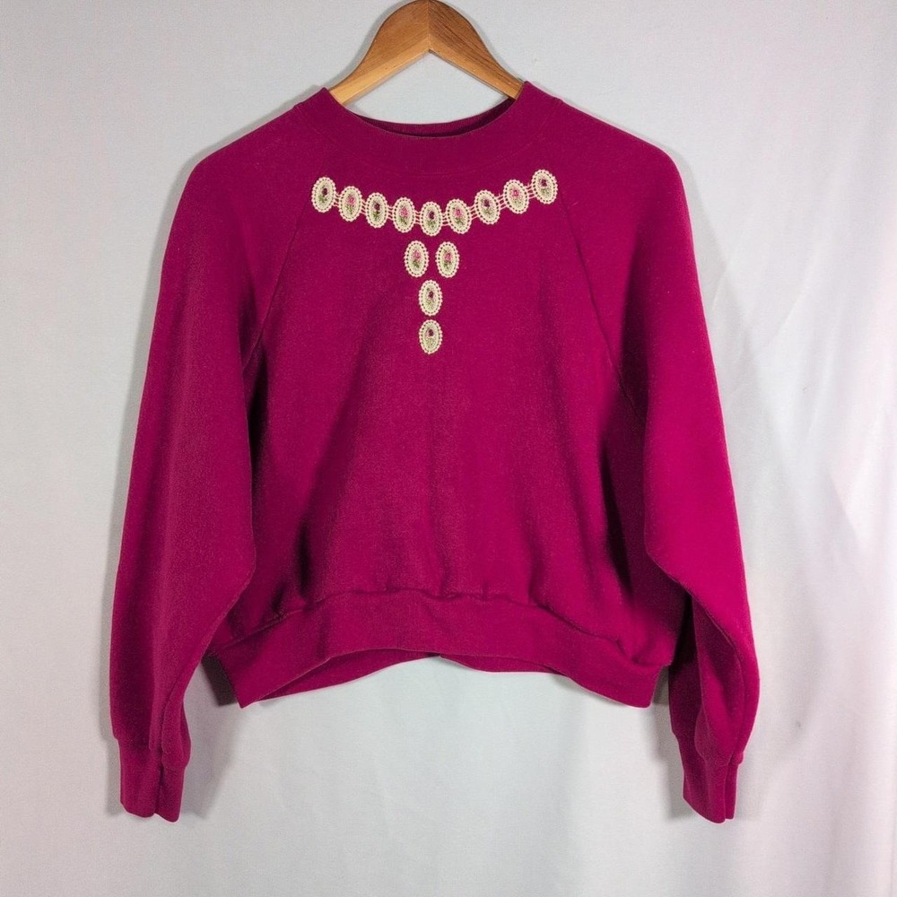 Vintage 80s Hanes Applique Sweatshirt Womens sz Large Floral Embroidery Granny
